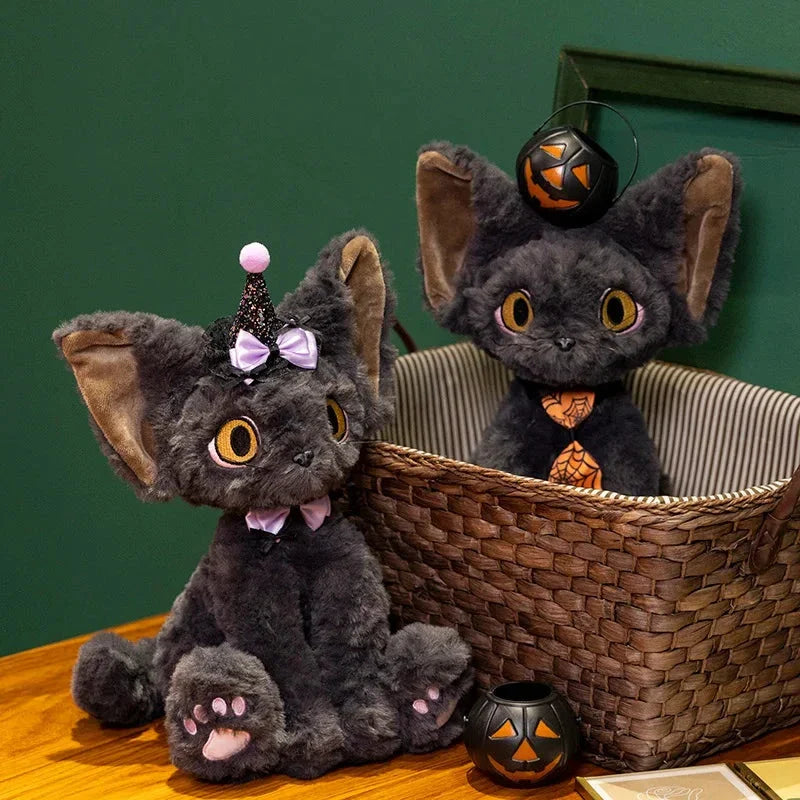Halloween Plüschkatze – Schwarze Hexenkatze Kuscheltier für Kinder