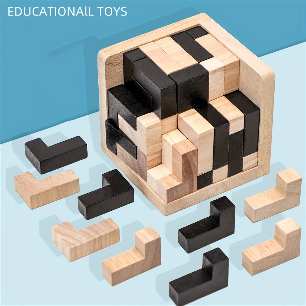 Wooden L Shaped Puzzle Cube Set with Interlocking Blocks for Kids Brain Teaser