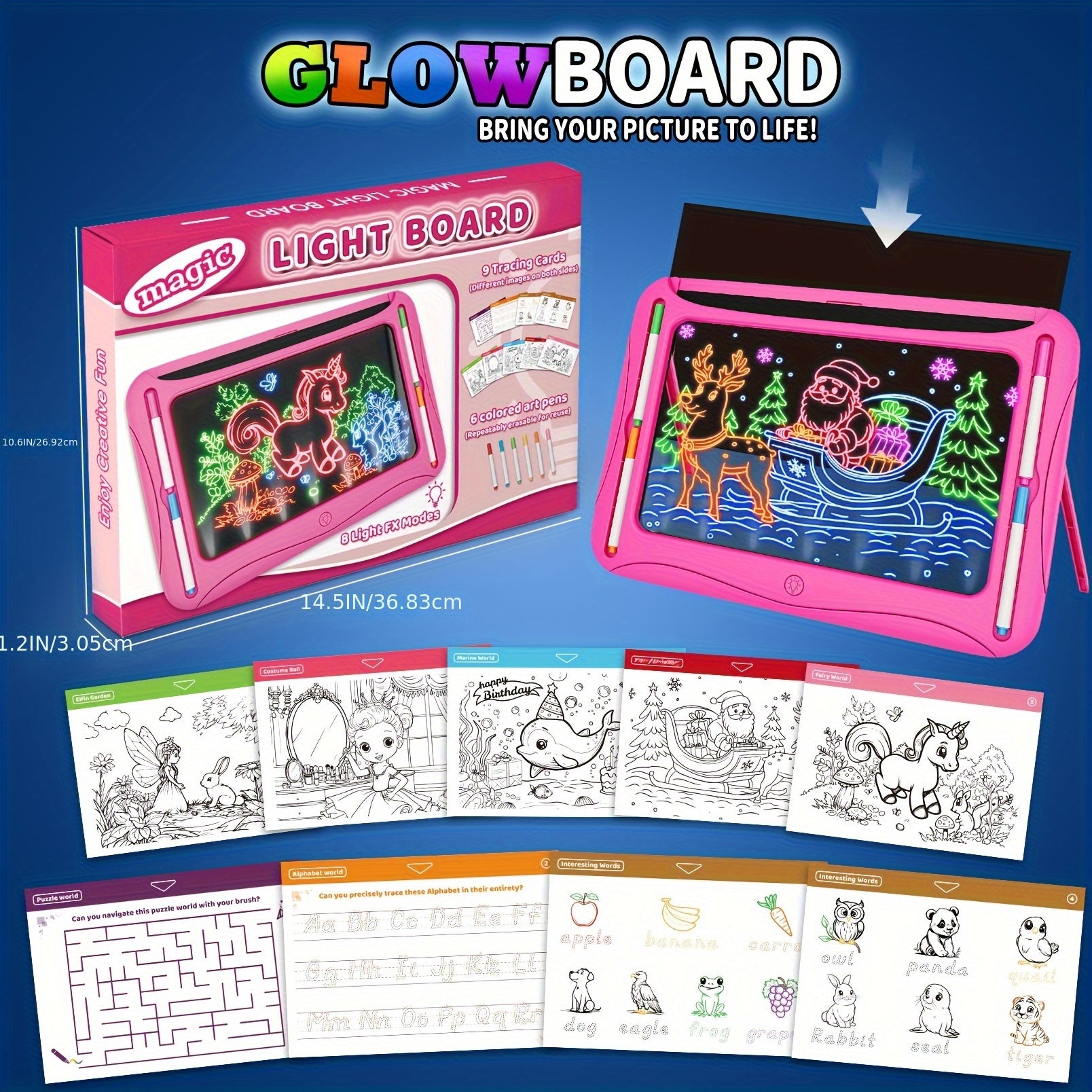 LED Light-Up Drawing Tablet for Kids with Neon Glow Effect and Reusable Writing Surface