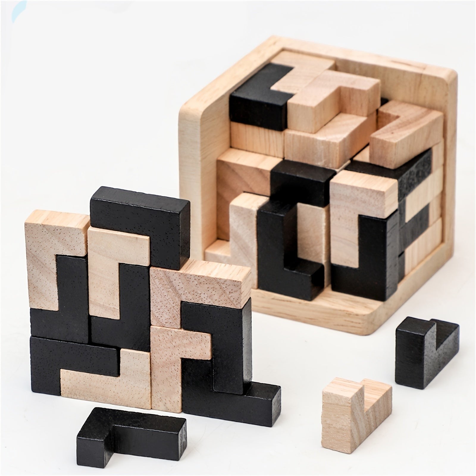 Wooden L Shaped Puzzle Cube Set with Interlocking Blocks for Kids Brain Teaser