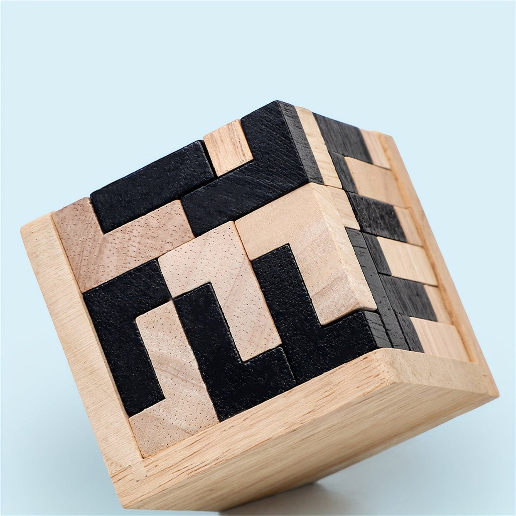 Wooden L Shaped Puzzle Cube Set with Interlocking Blocks for Kids Brain Teaser