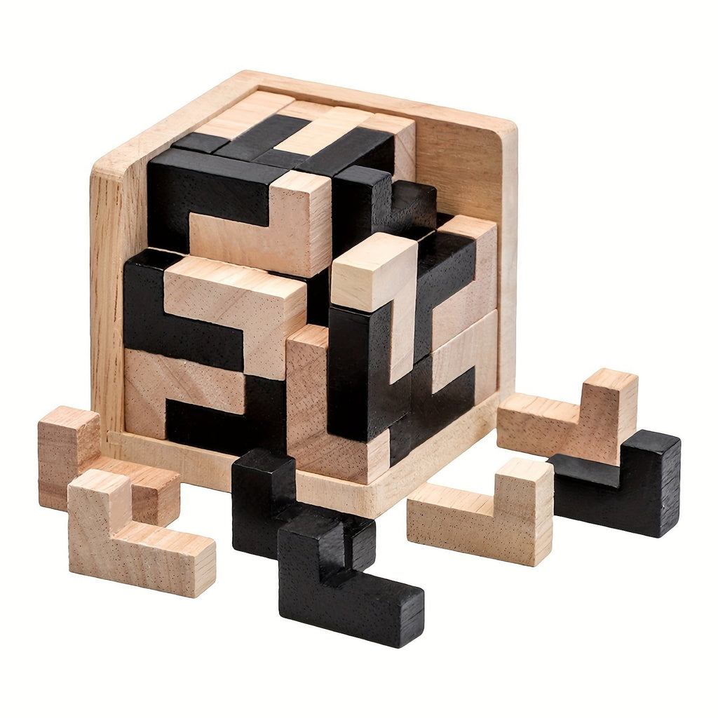 Wooden L Shaped Puzzle Cube Set with Interlocking Blocks for Kids Brain Teaser