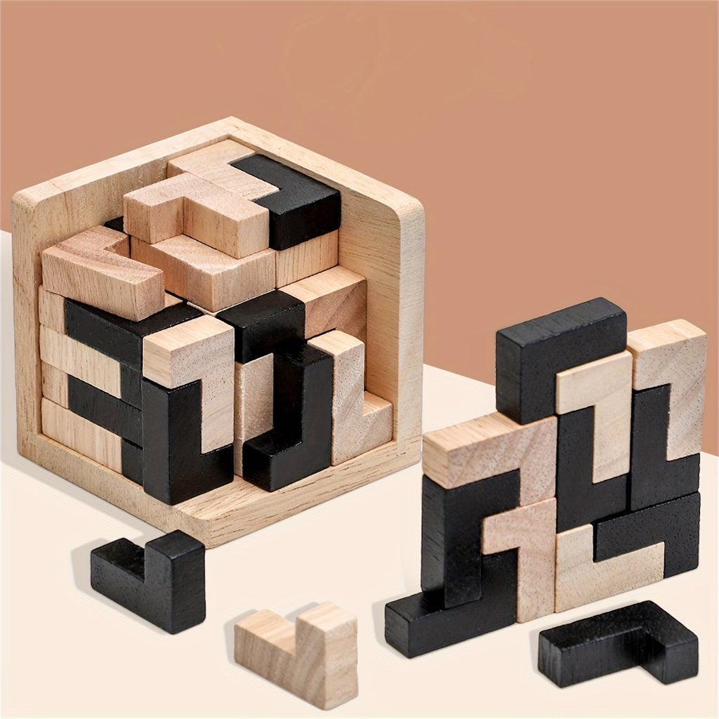 Wooden L Shaped Puzzle Cube Set with Interlocking Blocks for Kids Brain Teaser