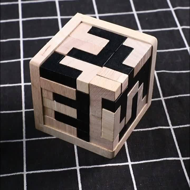 Wooden L Shaped Puzzle Cube Set with Interlocking Blocks for Kids Brain Teaser