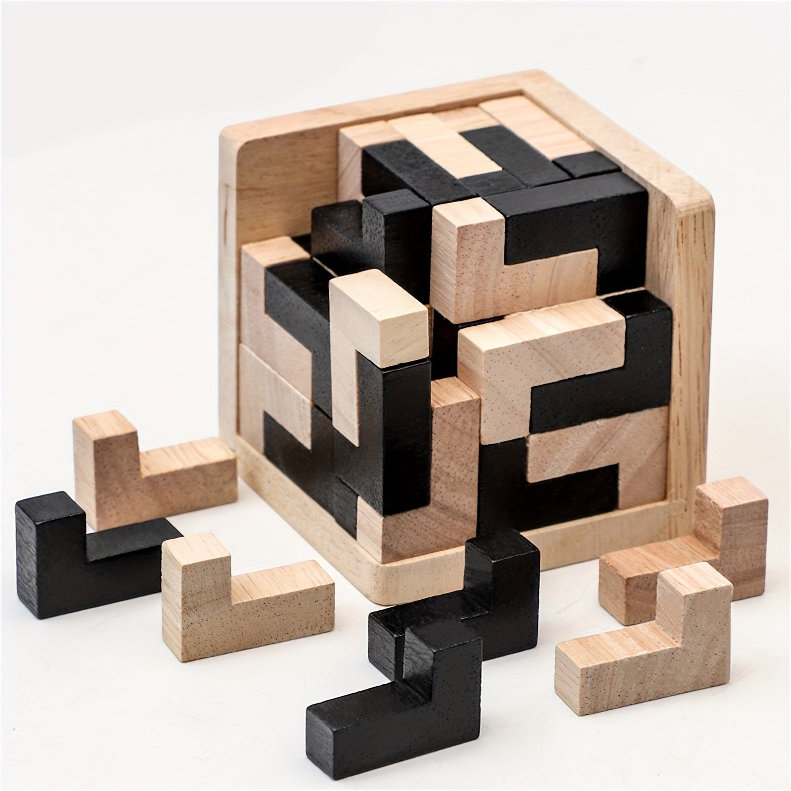 Wooden L Shaped Puzzle Cube Set with Interlocking Blocks for Kids Brain Teaser