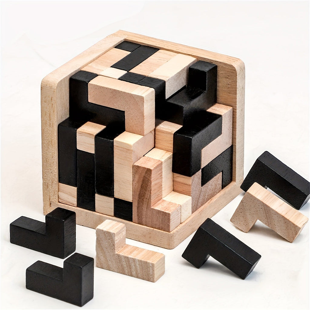 Wooden L Shaped Puzzle Cube Set with Interlocking Blocks for Kids Brain Teaser