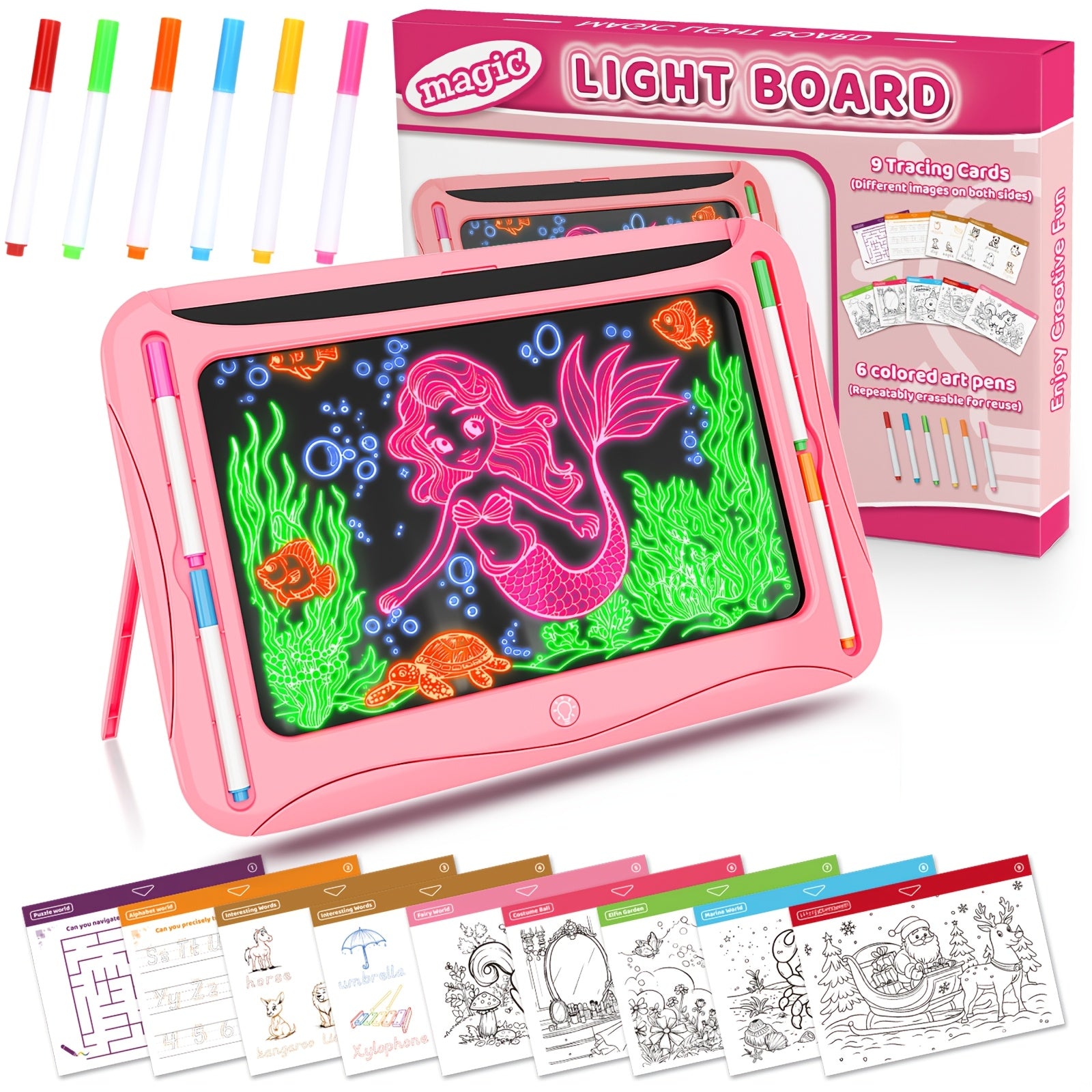 LED Light-Up Drawing Tablet for Kids with Neon Glow Effect and Reusable Writing Surface