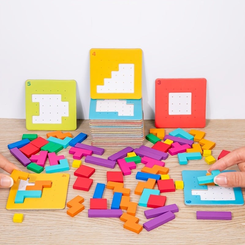 Kids Puzzle Blocks Brain Teaser Game with Colorful Interlocking Pieces