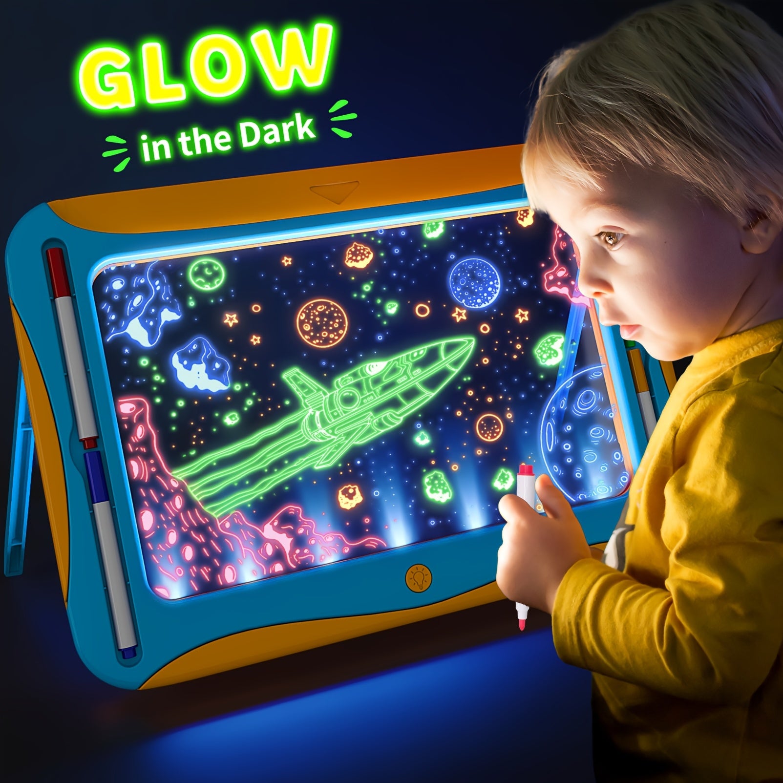 LED Light-Up Drawing Tablet for Kids with Neon Glow Effect and Reusable Writing Surface