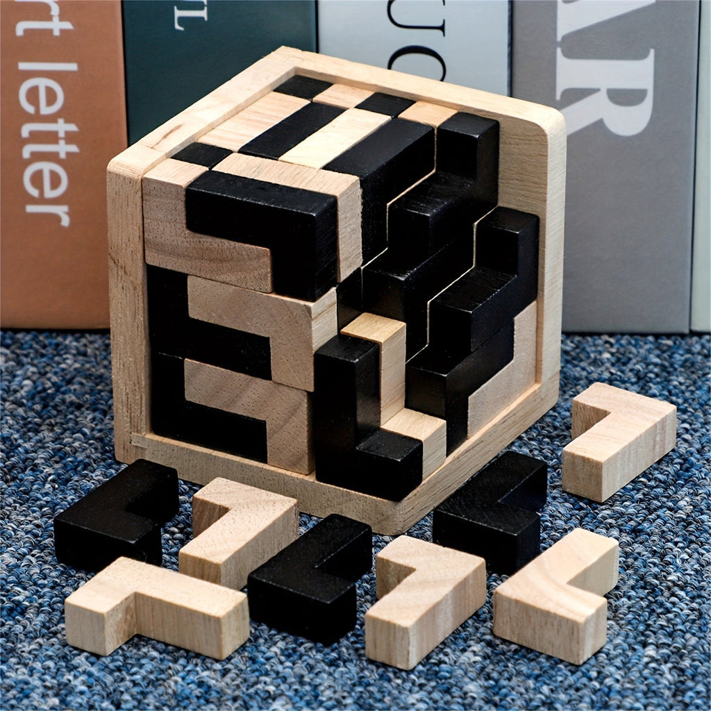 Wooden L Shaped Puzzle Cube Set with Interlocking Blocks for Kids Brain Teaser