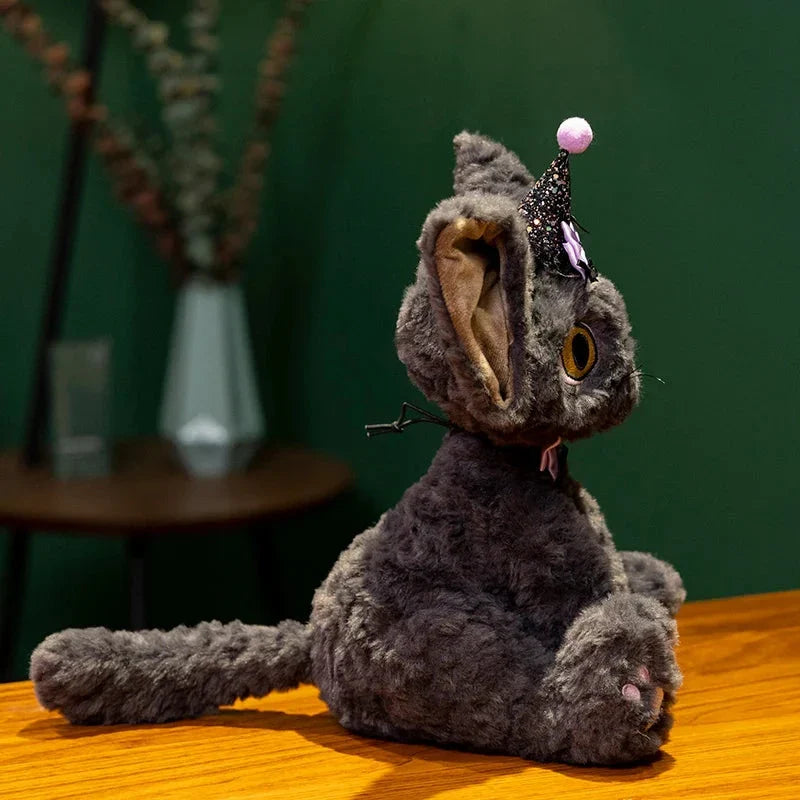 Halloween Plüschkatze – Schwarze Hexenkatze Kuscheltier für Kinder