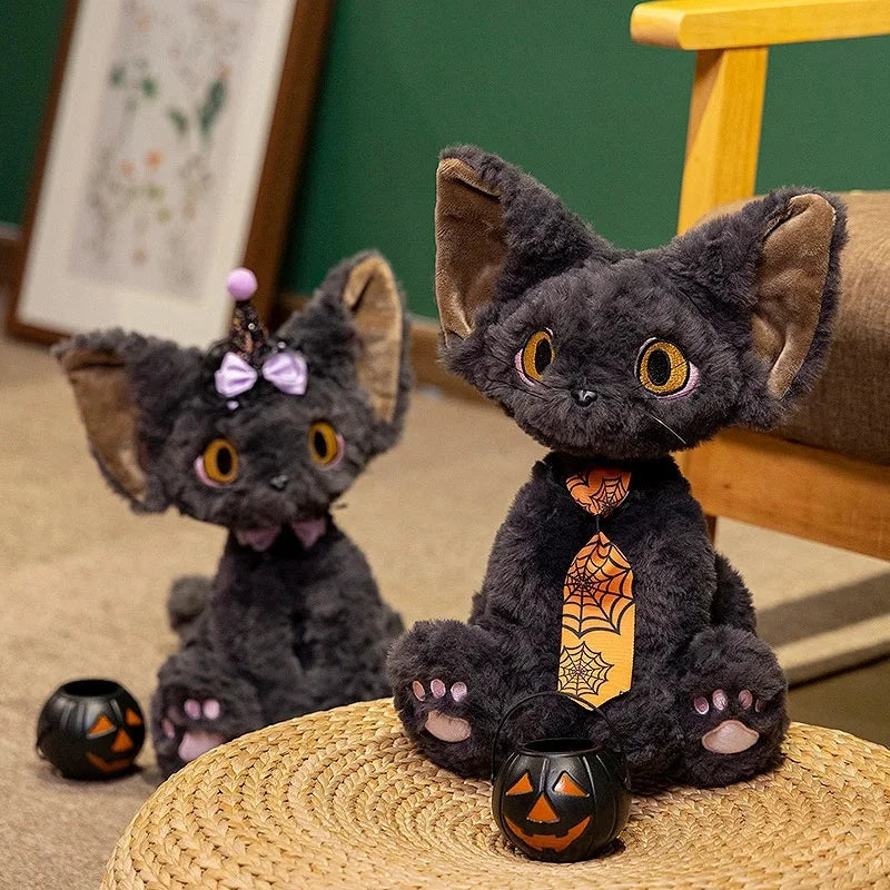Halloween Plüschkatze – Schwarze Hexenkatze Kuscheltier für Kinder