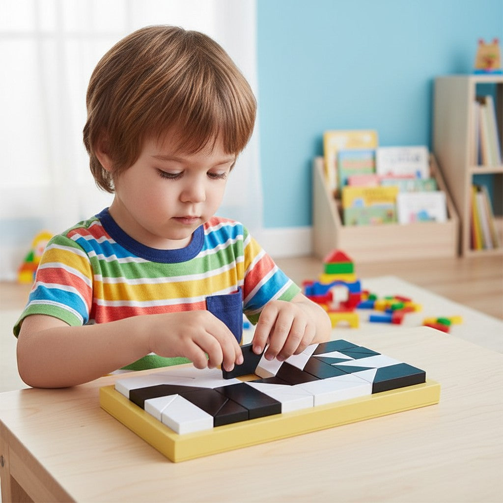 Juvins 180-piece black and white 3D puzzle board game for kids, made of plastic.