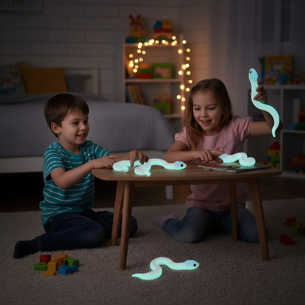 juvins.com glow-in-the-dark UV-activated 3D printed poseable snake robot toy with segmented body and black eye.