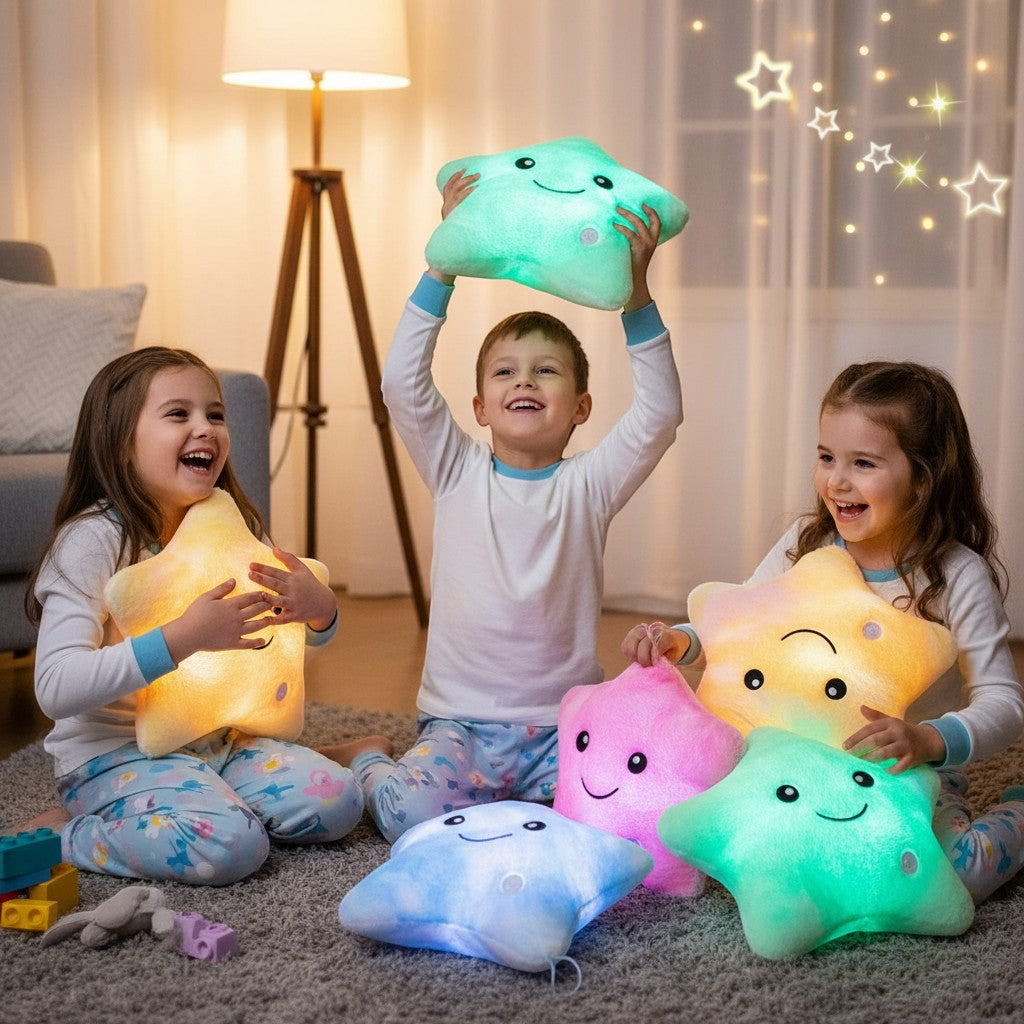 Juvins plush star toy with multi-colored lights and smiling face, made of soft polyester.