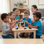 Juvins wooden L-shaped logic puzzle cubes set with black and natural wood pieces, ideal for ages 3+
