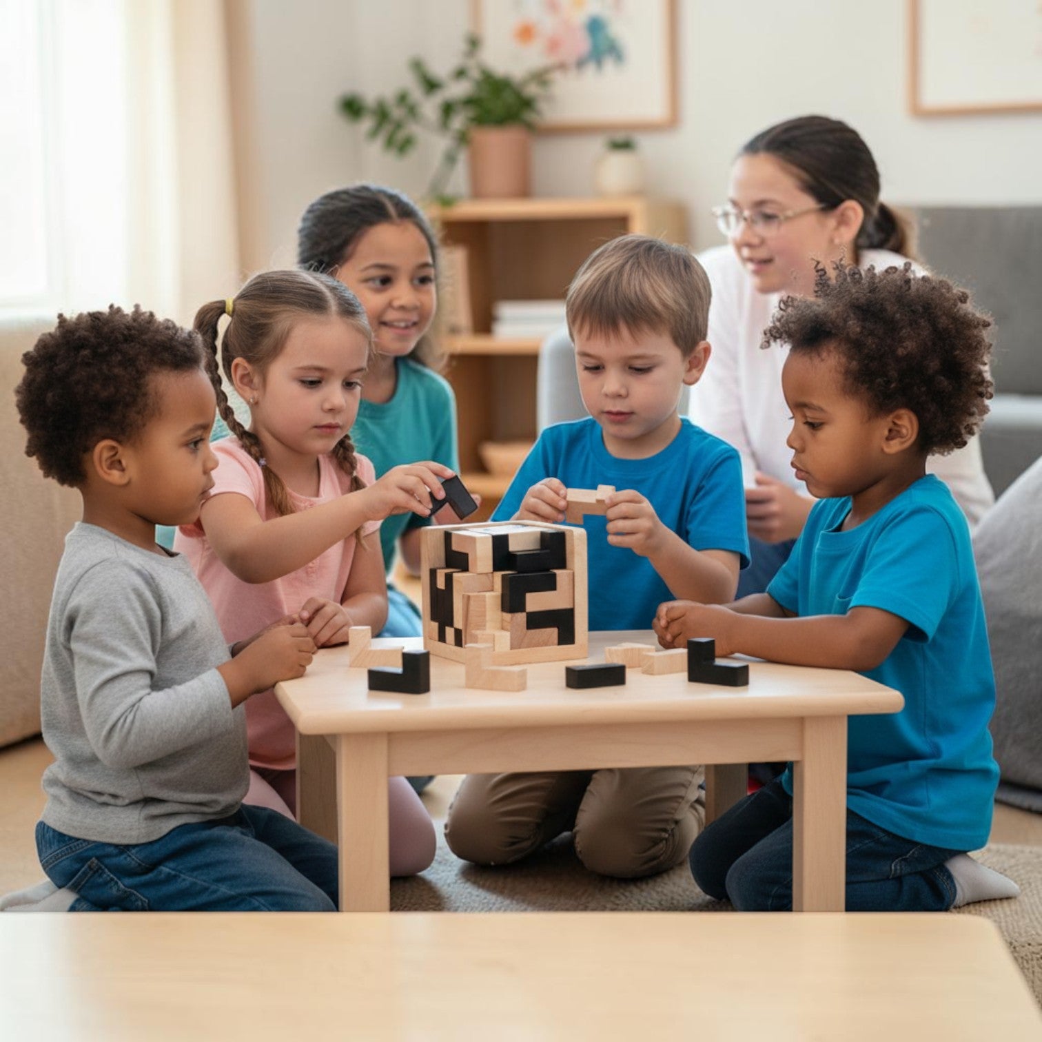 Juvins wooden L-shaped logic puzzle cubes set with black and natural wood pieces, ideal for ages 3+