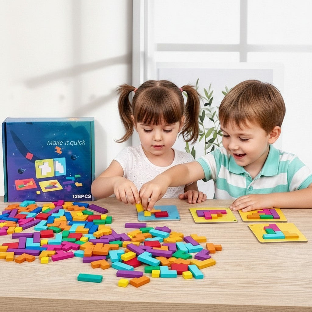 Juvins colorful wooden puzzle blocks and challenge cards for kids ages 3+. STEM educational toy.